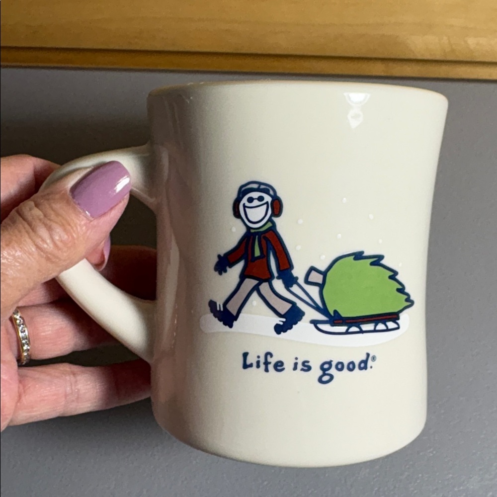 Life is Good Christmas Coffee Cup Mug, Christmas Tree on Sled